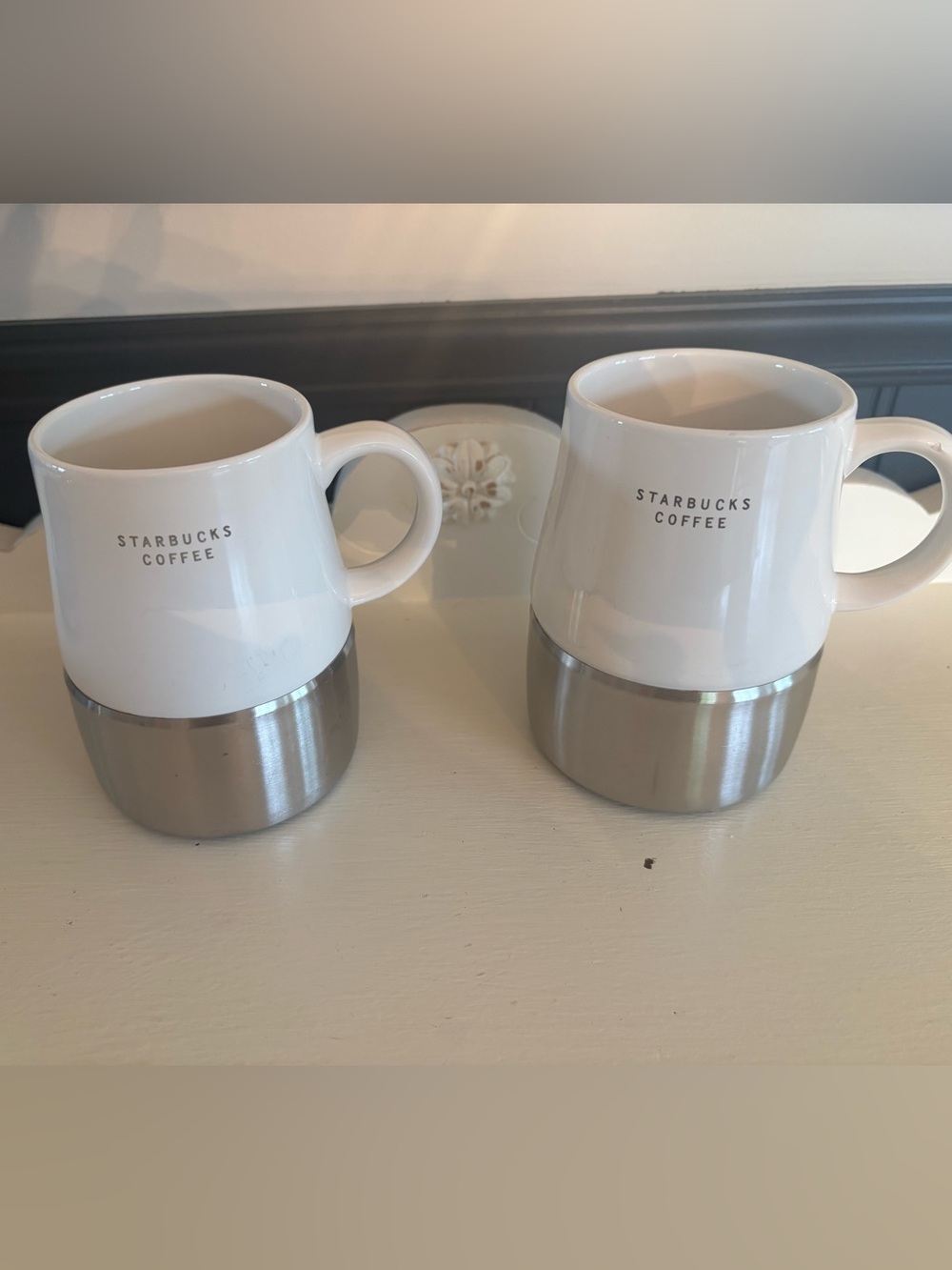 Vintage 2006 Starbucks White and Stainless Steel Coffee Mugs (Pair)